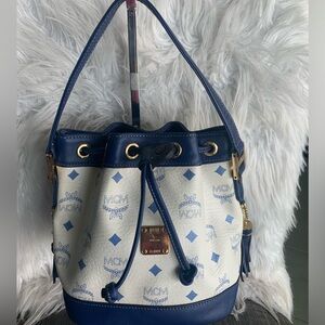 MCM Blue & White Monogram Drawstring Bucket Bag